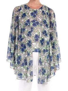 NWT Badgley Mischka Women’s Sleeveless Blouse w/ Capelet in Blue Floral Multi XS